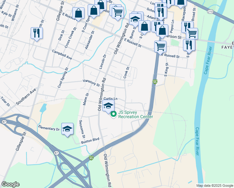 map of restaurants, bars, coffee shops, grocery stores, and more near 516 Bravery Lane in Fayetteville