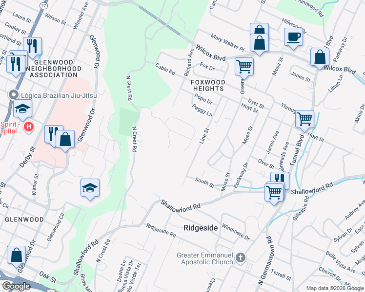 map of restaurants, bars, coffee shops, grocery stores, and more near 3038 Merrydale Drive in Chattanooga
