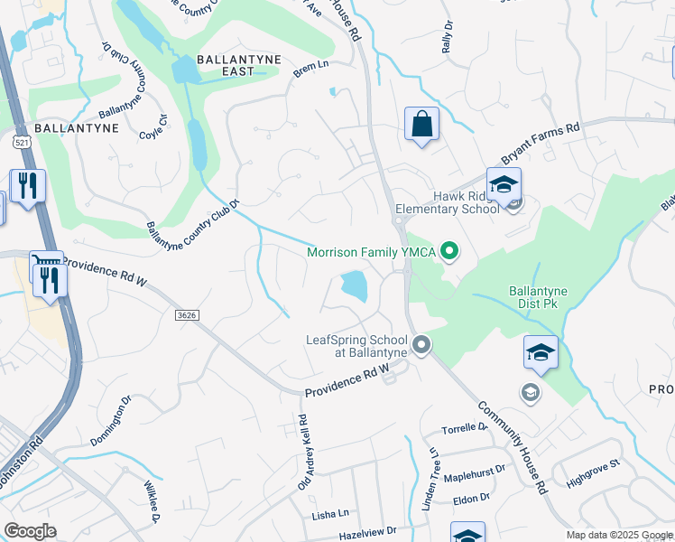 map of restaurants, bars, coffee shops, grocery stores, and more near 10109 Victoria Mill Court in Charlotte