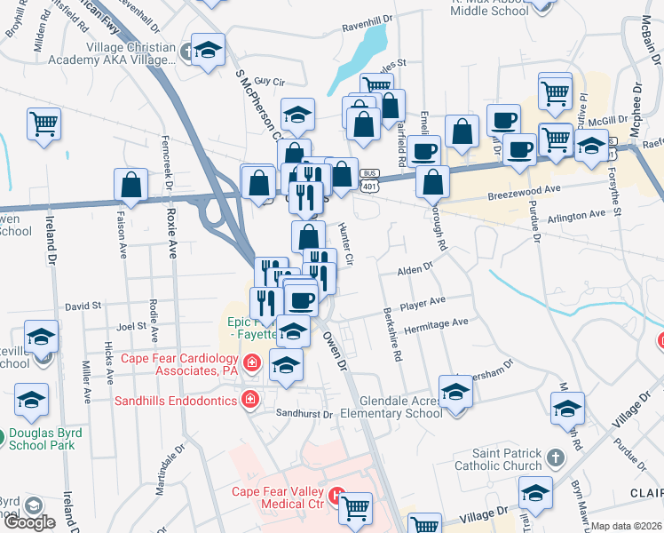 map of restaurants, bars, coffee shops, grocery stores, and more near 138 Hunter Circle in Fayetteville