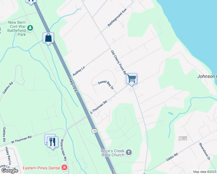 map of restaurants, bars, coffee shops, grocery stores, and more near 111 Sweet Bay Dr in New Bern