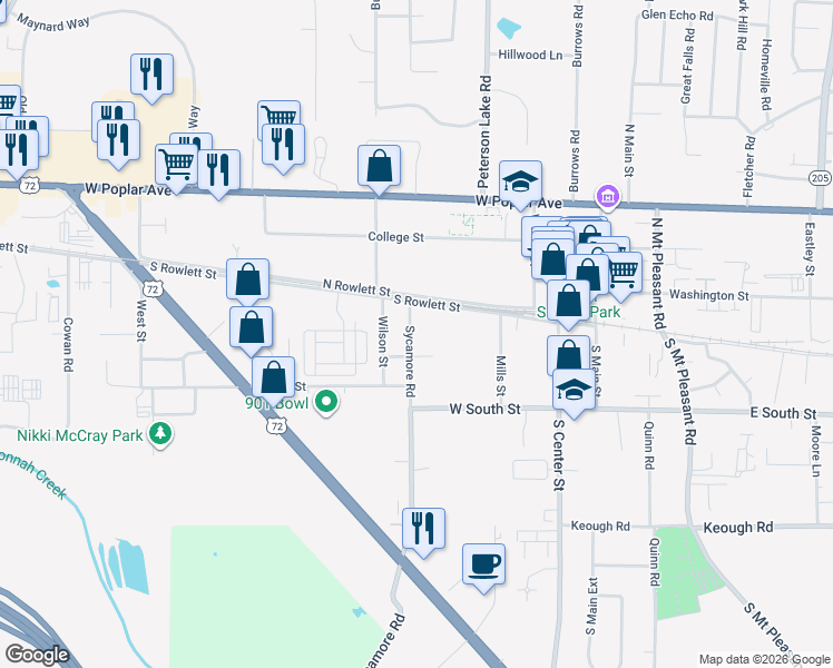 map of restaurants, bars, coffee shops, grocery stores, and more near 138 Sycamore Road in Collierville