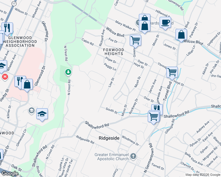 map of restaurants, bars, coffee shops, grocery stores, and more near 806 Line Street in Chattanooga