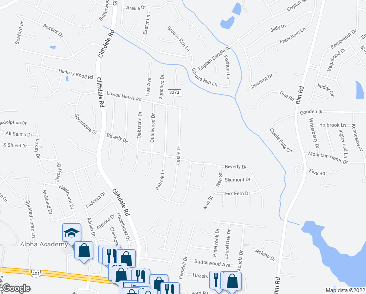 map of restaurants, bars, coffee shops, grocery stores, and more near 1033 Leslie Drive in Fayetteville
