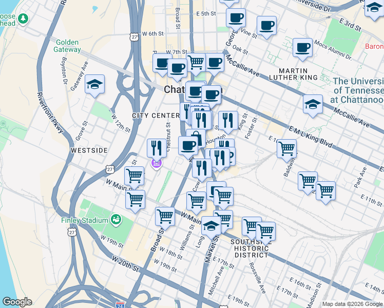 map of restaurants, bars, coffee shops, grocery stores, and more near Highway 2 in Chattanooga
