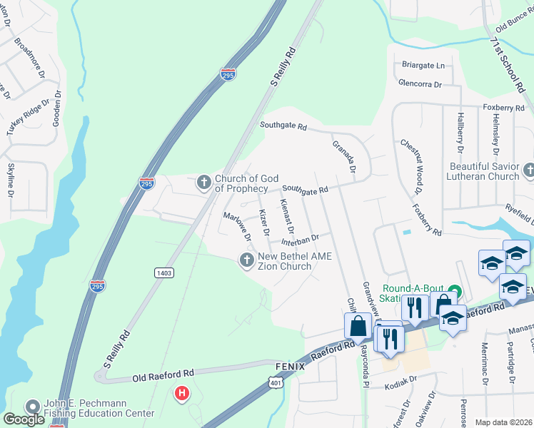 map of restaurants, bars, coffee shops, grocery stores, and more near 6854 Kizer Drive in Fayetteville
