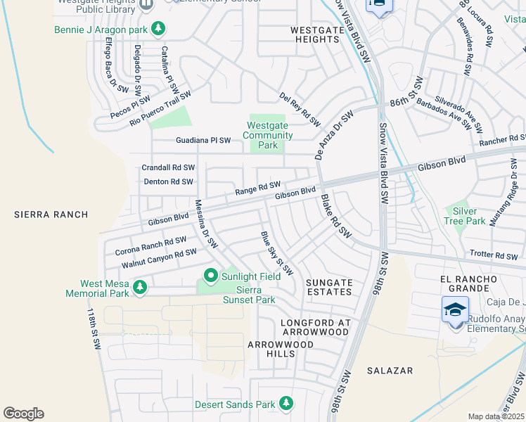 map of restaurants, bars, coffee shops, grocery stores, and more near 2300 Blue Sky Street Southwest in Albuquerque