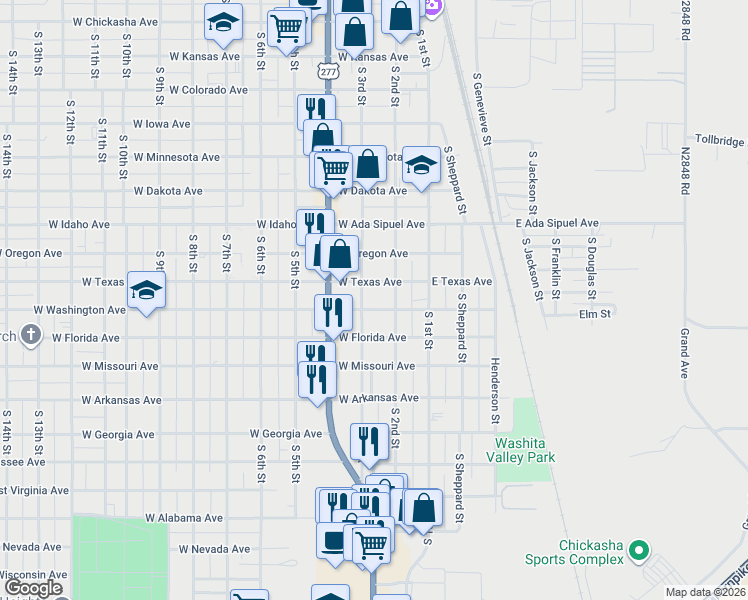 map of restaurants, bars, coffee shops, grocery stores, and more near 925 South 3rd Street in Chickasha