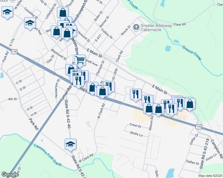 map of restaurants, bars, coffee shops, grocery stores, and more near 35 Bloomwood Heights in Inman