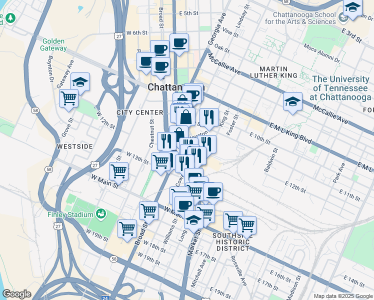 map of restaurants, bars, coffee shops, grocery stores, and more near Market Street in Chattanooga