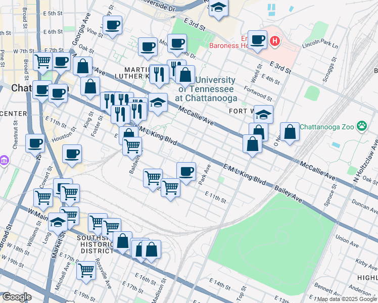 map of restaurants, bars, coffee shops, grocery stores, and more near 782 East Martin Luther King Boulevard in Chattanooga