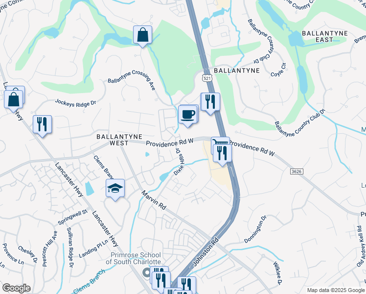 map of restaurants, bars, coffee shops, grocery stores, and more near 11217 Providence Road West in Charlotte