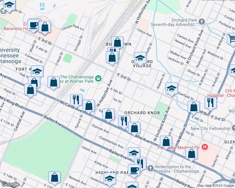 map of restaurants, bars, coffee shops, grocery stores, and more near 1410 East 5th Street in Chattanooga