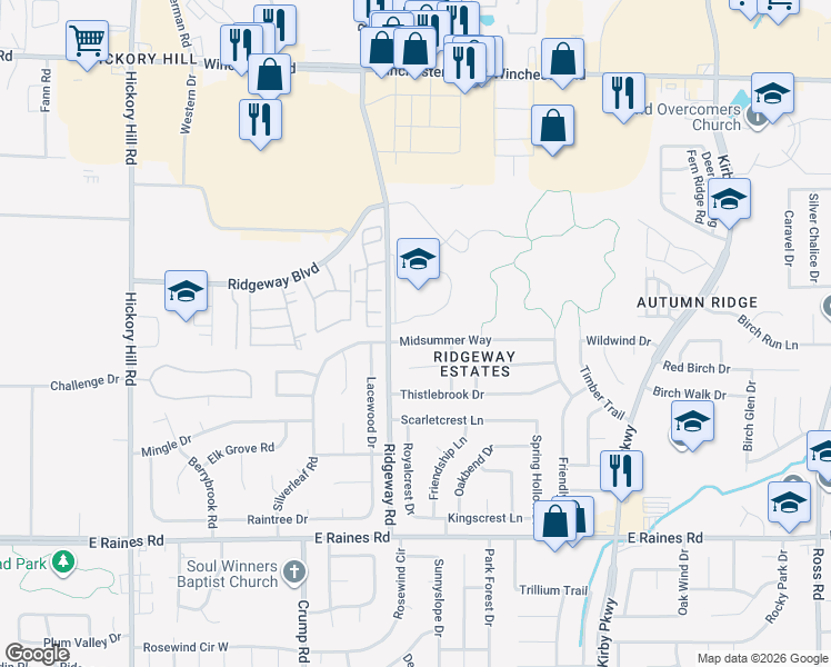 map of restaurants, bars, coffee shops, grocery stores, and more near 3942 Ridgeway Road in Memphis