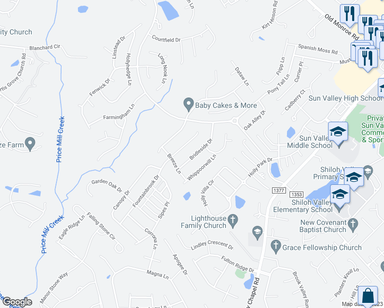 map of restaurants, bars, coffee shops, grocery stores, and more near 2012 Bridleside Drive in Indian Trail