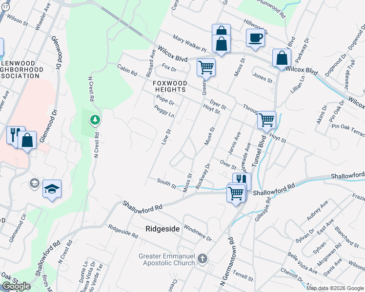 map of restaurants, bars, coffee shops, grocery stores, and more near 3206 Bon Air Circle in Chattanooga