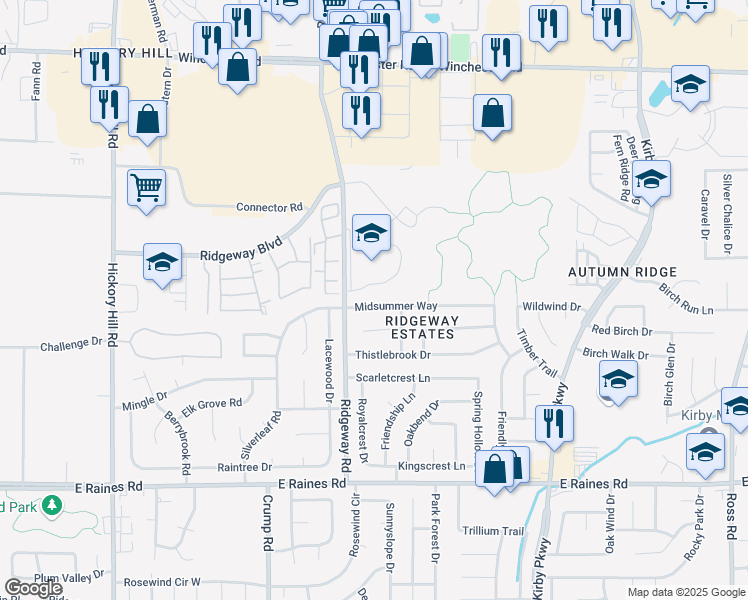 map of restaurants, bars, coffee shops, grocery stores, and more near 6242 Midsummer Way in Memphis