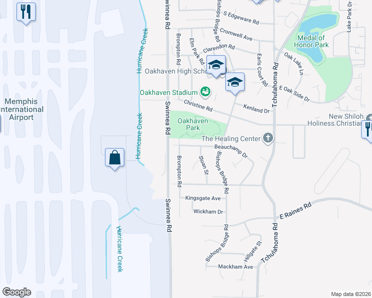 map of restaurants, bars, coffee shops, grocery stores, and more near 3037 Beauchamp Drive in Memphis