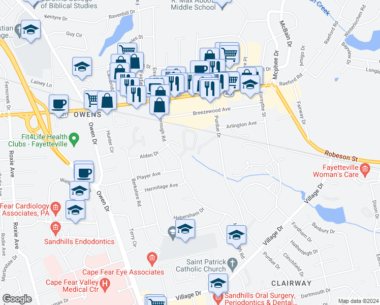 map of restaurants, bars, coffee shops, grocery stores, and more near 2700 Preston Woods Lane in Fayetteville