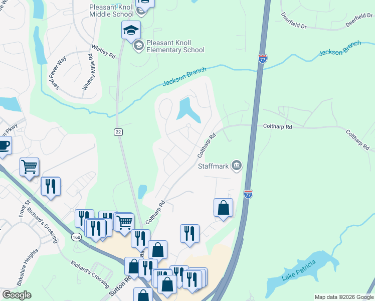 map of restaurants, bars, coffee shops, grocery stores, and more near 5220 Meadowcroft Way in Fort Mill