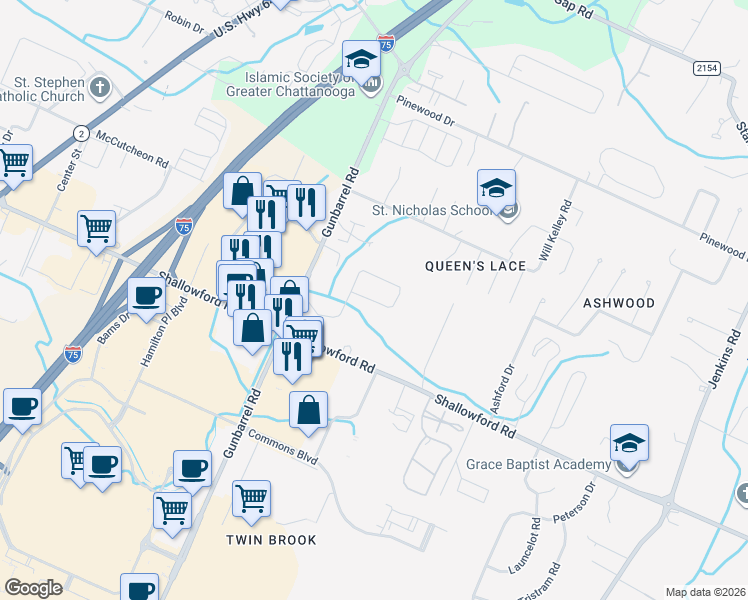 map of restaurants, bars, coffee shops, grocery stores, and more near 7412 Preston Circle in Chattanooga