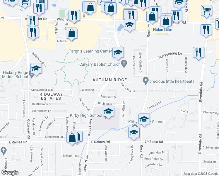 map of restaurants, bars, coffee shops, grocery stores, and more near 6564 Birch Hollow Drive in Memphis