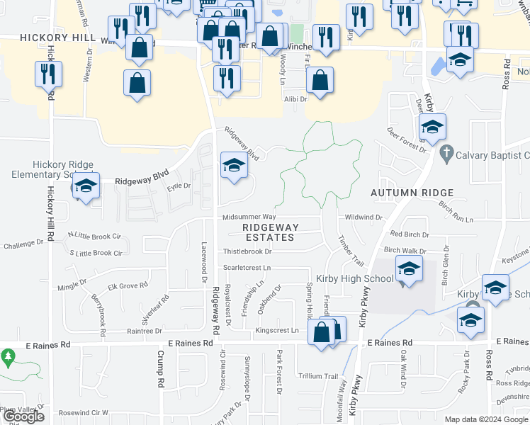 map of restaurants, bars, coffee shops, grocery stores, and more near 6292 Midsummer Way in Memphis