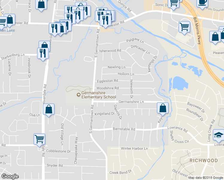 map of restaurants, bars, coffee shops, grocery stores, and more near 7261 Woodshire Road in Memphis