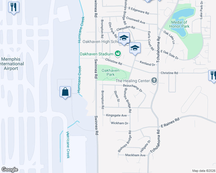 map of restaurants, bars, coffee shops, grocery stores, and more near 3037 Beauchamp Drive in Memphis