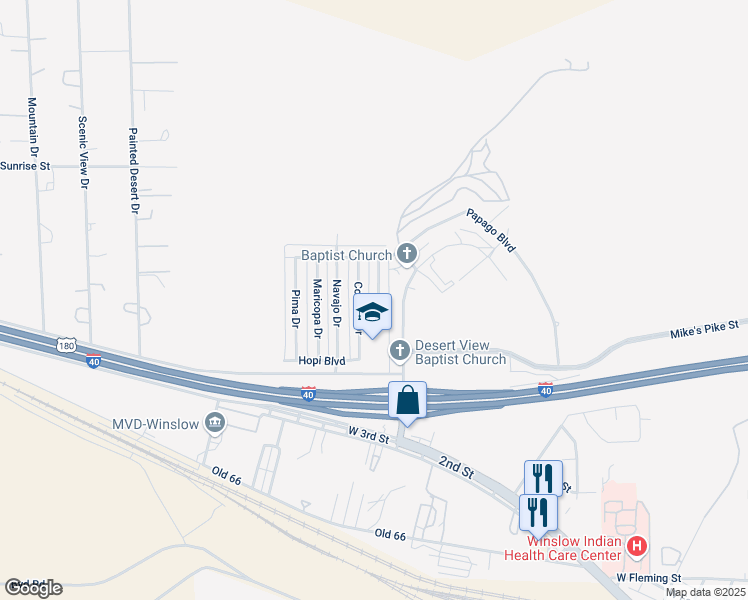 map of restaurants, bars, coffee shops, grocery stores, and more near 145 Yuma Drive in Winslow
