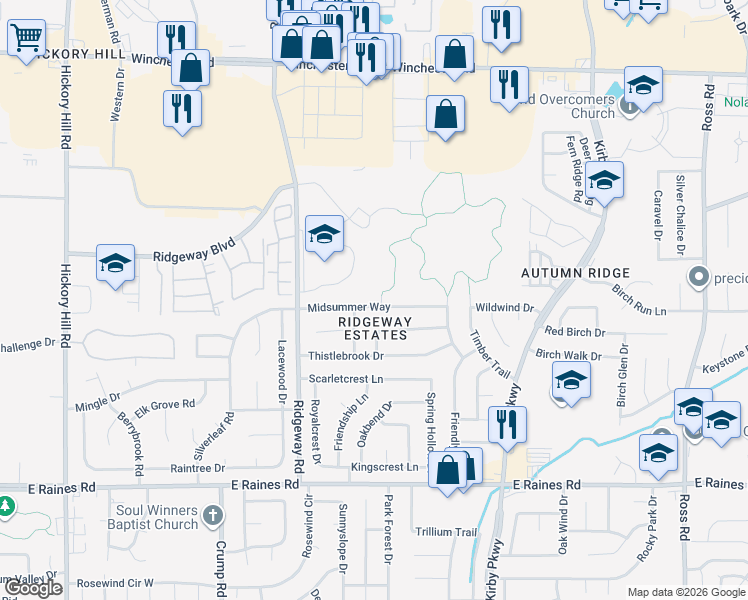 map of restaurants, bars, coffee shops, grocery stores, and more near 6300 Midsummer Way in Memphis