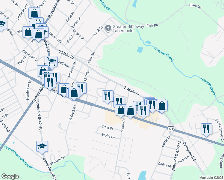 map of restaurants, bars, coffee shops, grocery stores, and more near 202 Water Oak Street in Inman