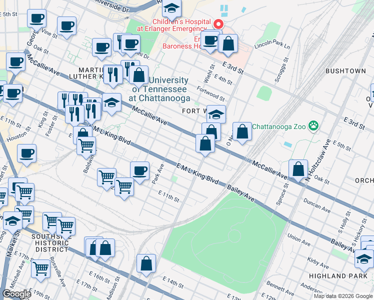 map of restaurants, bars, coffee shops, grocery stores, and more near 1116 East 8th Street in Chattanooga