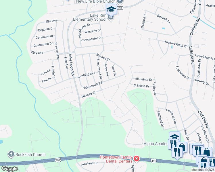 map of restaurants, bars, coffee shops, grocery stores, and more near 5415 Nessee Street in Fayetteville