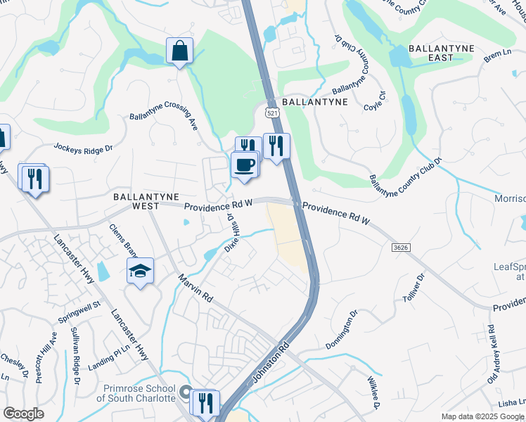 map of restaurants, bars, coffee shops, grocery stores, and more near 15024 Ballancroft Parkway in Charlotte