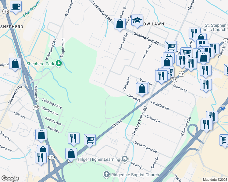 map of restaurants, bars, coffee shops, grocery stores, and more near 6608 Ballard Drive in Chattanooga