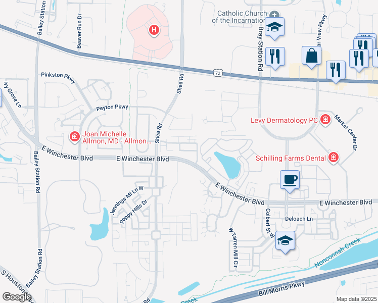 map of restaurants, bars, coffee shops, grocery stores, and more near 1381 Alydar Drive in Collierville