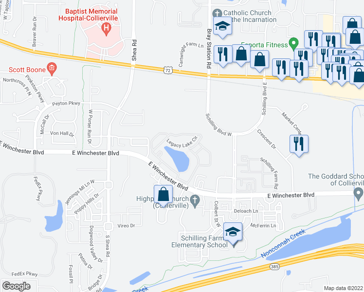 map of restaurants, bars, coffee shops, grocery stores, and more near Legacy Lake Circle in Collierville