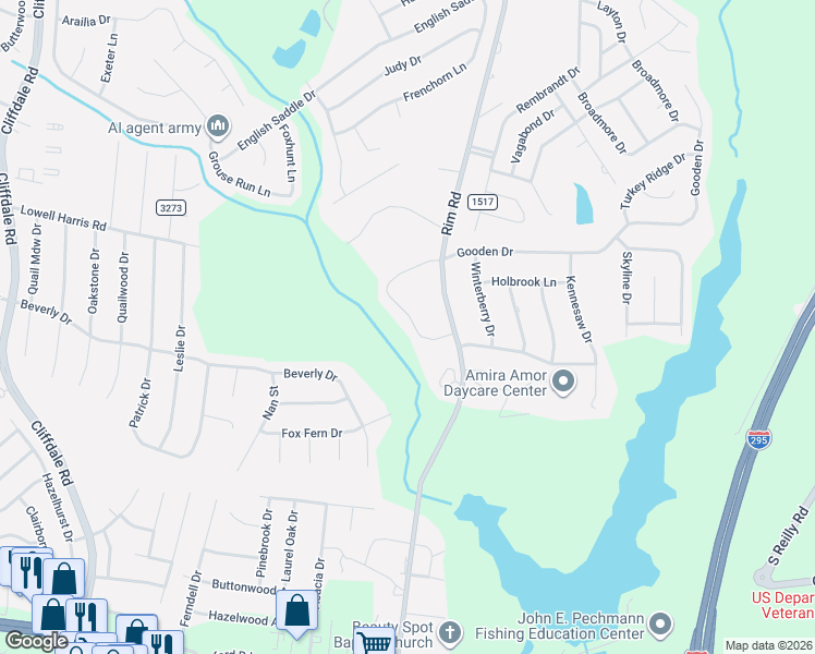 map of restaurants, bars, coffee shops, grocery stores, and more near 9327 Castle Falls Circle in Fayetteville