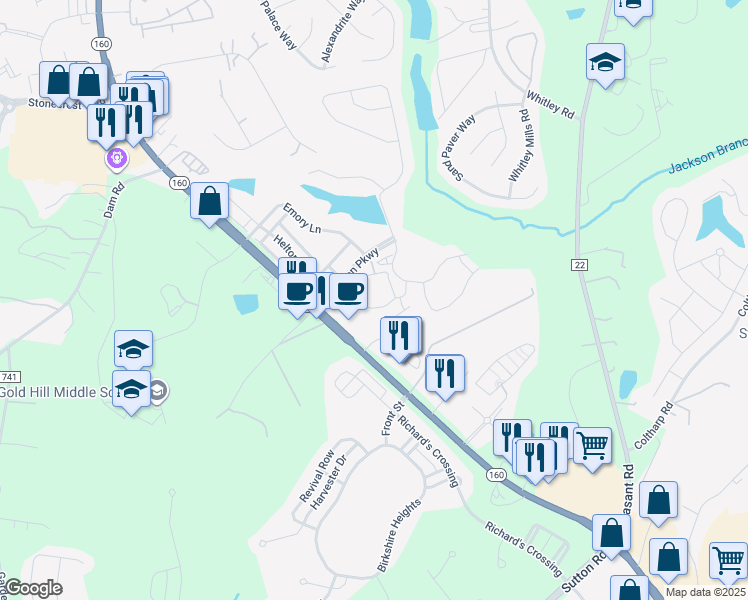 map of restaurants, bars, coffee shops, grocery stores, and more near 1087 Aubrey Lane in Fort Mill