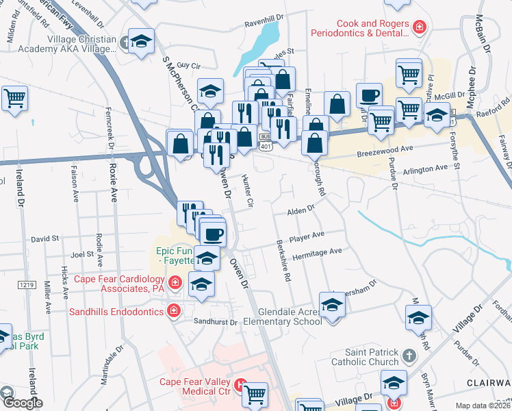 map of restaurants, bars, coffee shops, grocery stores, and more near 129 Hunter Circle in Fayetteville