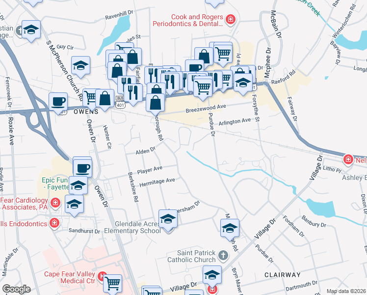 map of restaurants, bars, coffee shops, grocery stores, and more near 2700 Preston Woods Lane in Fayetteville