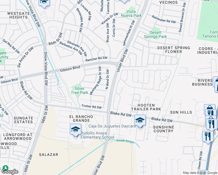 map of restaurants, bars, coffee shops, grocery stores, and more near 2308 North Wind Drive Southwest in Albuquerque