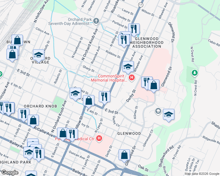 map of restaurants, bars, coffee shops, grocery stores, and more near 553 Dodson Avenue in Chattanooga