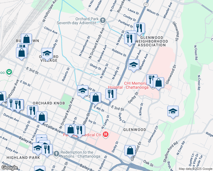 map of restaurants, bars, coffee shops, grocery stores, and more near 2117 Blackford Street in Chattanooga