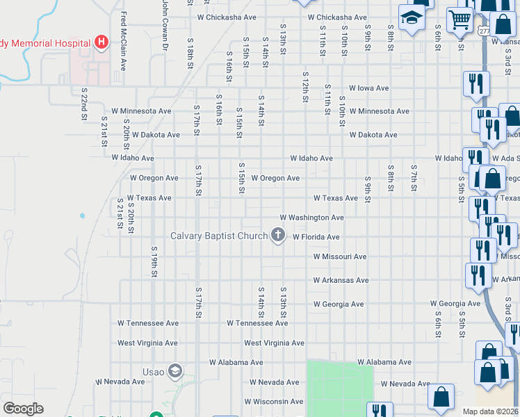 map of restaurants, bars, coffee shops, grocery stores, and more near 1322 West Washington Avenue in Chickasha