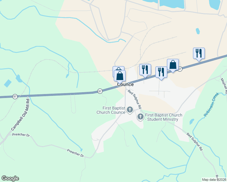 map of restaurants, bars, coffee shops, grocery stores, and more near 6140 Tennessee 57 in Counce