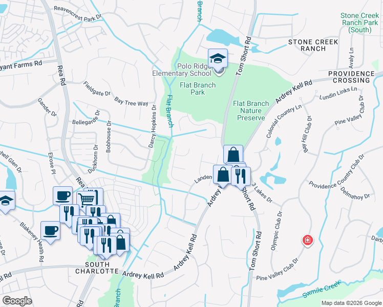 map of restaurants, bars, coffee shops, grocery stores, and more near 12238 Taos Court in Charlotte