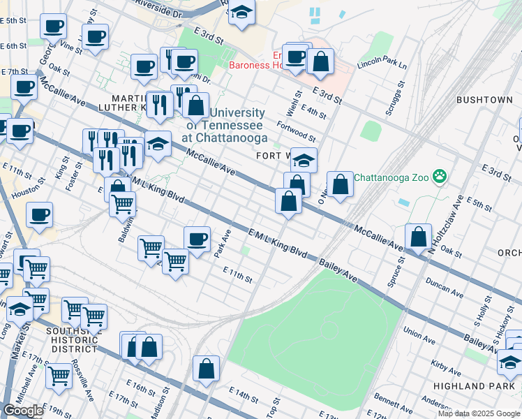 map of restaurants, bars, coffee shops, grocery stores, and more near 1114 East 8th Street in Chattanooga
