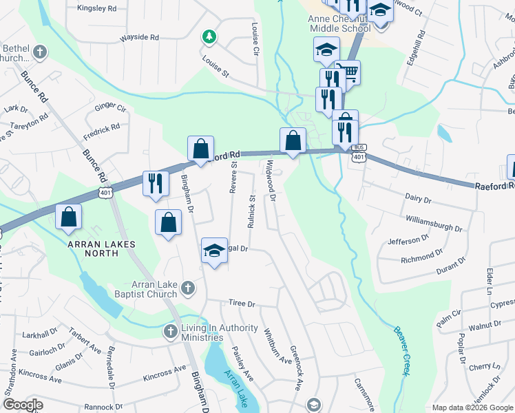 map of restaurants, bars, coffee shops, grocery stores, and more near 1051 Rulnick Street in Fayetteville